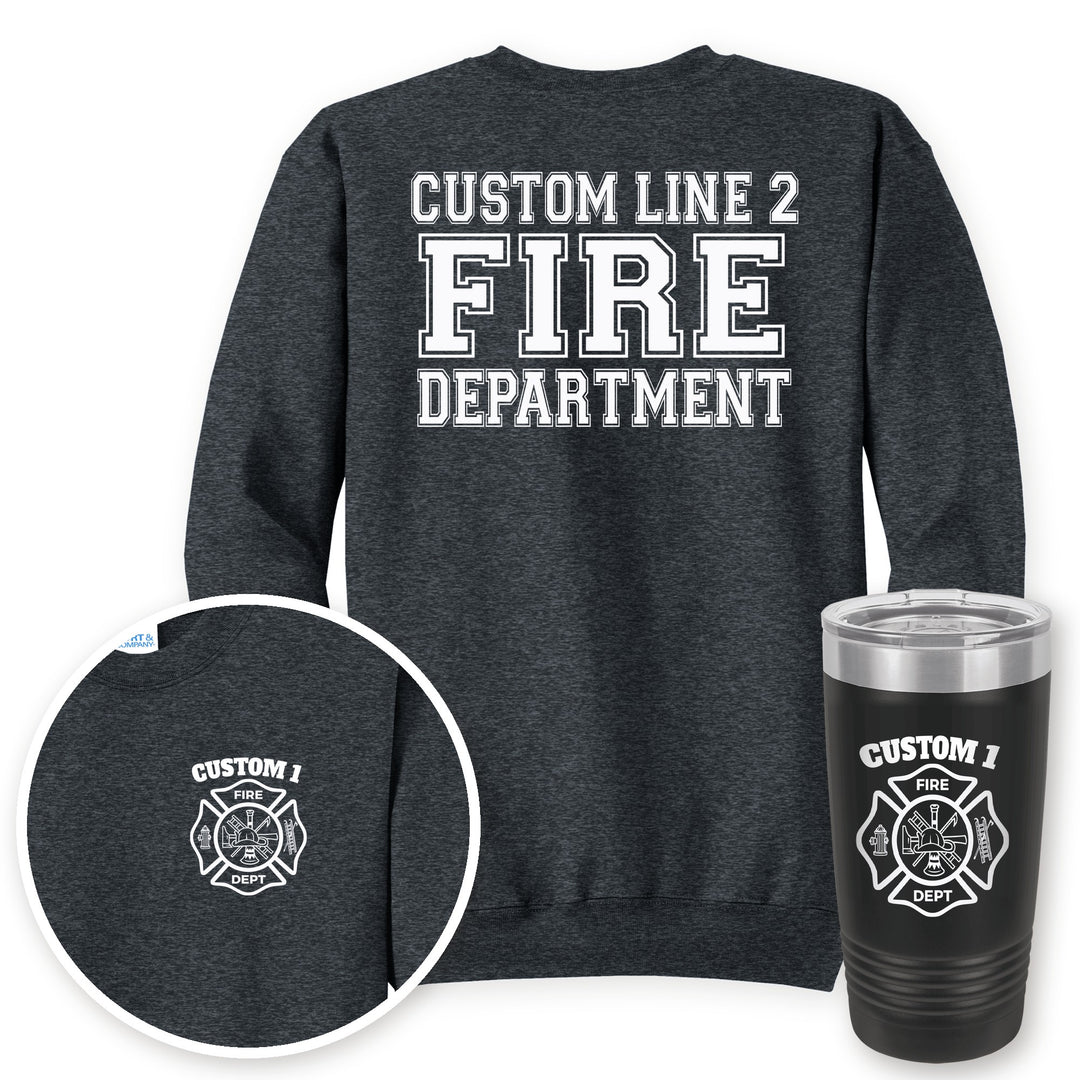 Personalized classic Maltese cross fire department crewneck sweatshirt in Dark Heather Grey with matching printed 20oz tumbler gift set