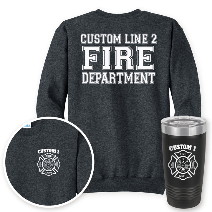 Personalized classic Maltese cross fire department crewneck sweatshirt in Dark Heather Grey with matching printed 20oz tumbler gift set