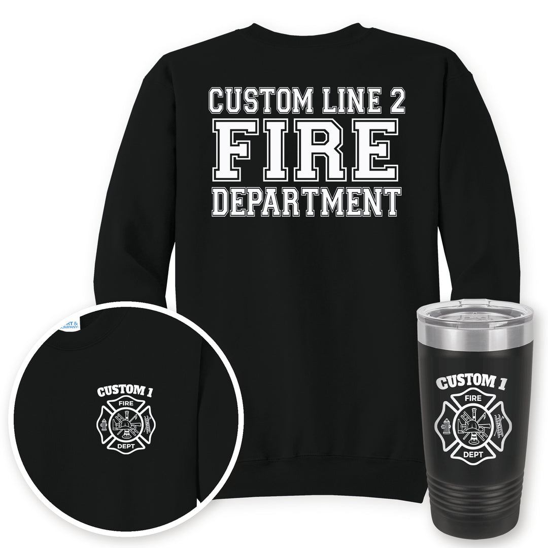 Personalized classic Maltese cross fire department crewneck sweatshirt in Jet Black with matching printed 20oz tumbler gift set