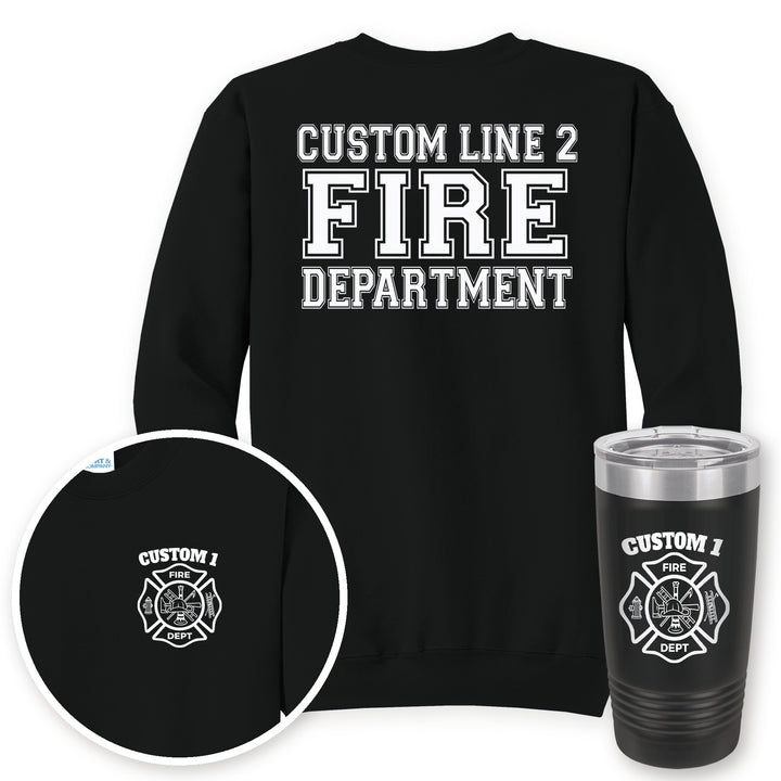 Personalized classic Maltese cross fire department crewneck sweatshirt in Jet Black with matching printed 20oz tumbler gift set