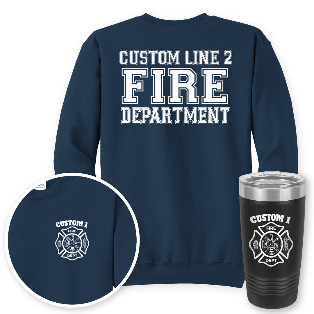 Personalized classic Maltese cross fire department crewneck sweatshirt in Navy with matching printed 20oz tumbler gift set