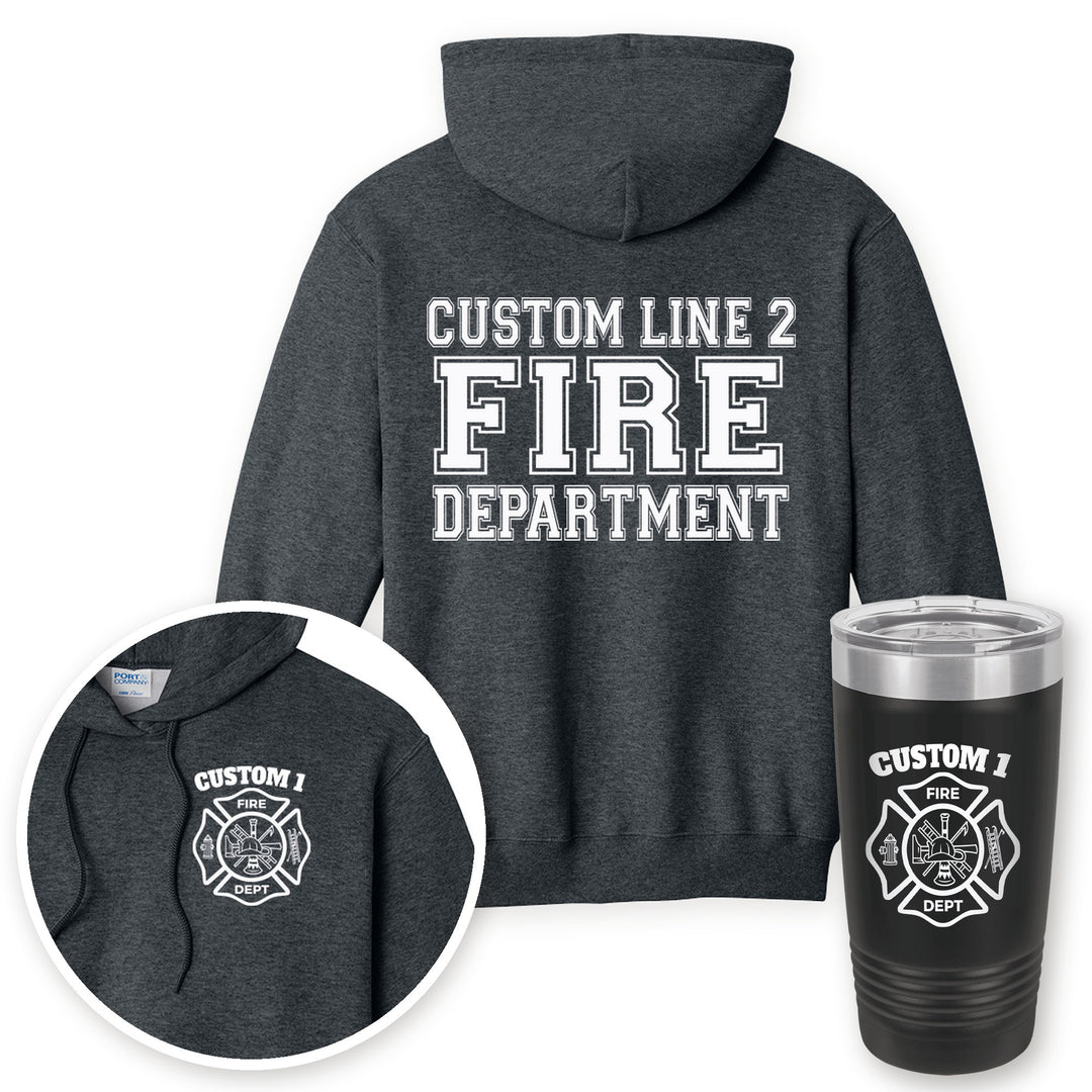 Personalized classic Maltese cross fire department hoodie in Dark Heather Grey with matching printed 20oz tumbler gift set