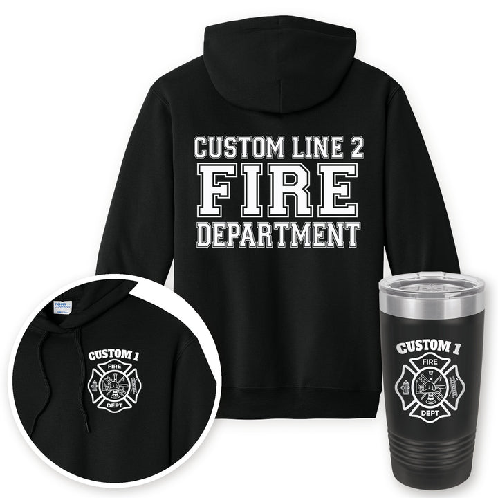 Personalized classic Maltese cross fire department hoodie in Jet Black with matching printed 20oz tumbler gift set