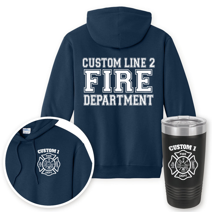 Personalized classic Maltese cross fire department hoodie in Navy with matching printed 20oz tumbler gift set