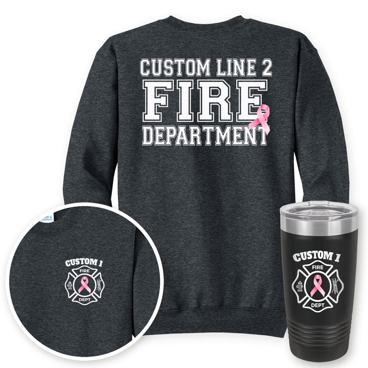 Personalized pink ribbon firefighter crewneck sweatshirt in Dark Heather Grey with matching printed 20oz tumbler gift set
