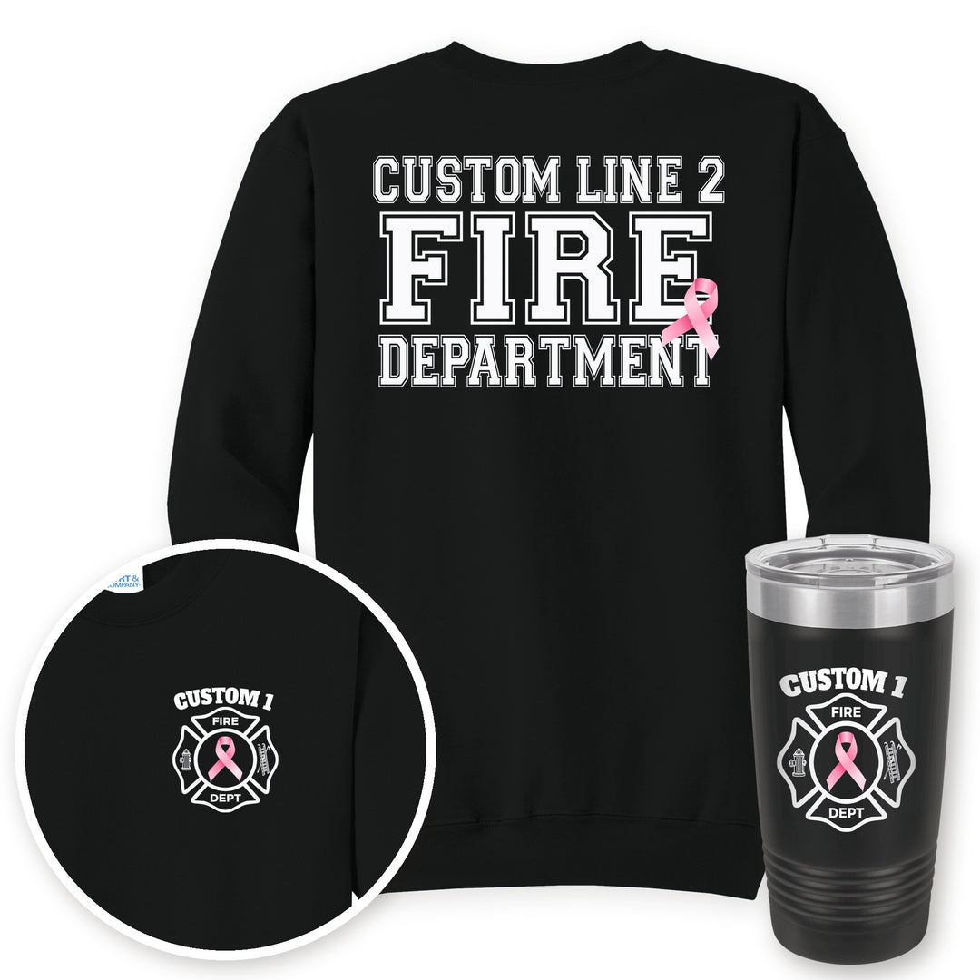 Personalized pink ribbon firefighter crewneck sweatshirt in Jet Black with matching printed 20oz tumbler gift set