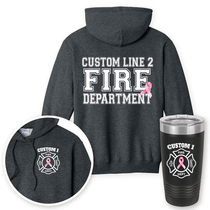 Personalized pink ribbon firefighter hoodie in Dark Heather Grey with matching printed 20oz tumbler gift set