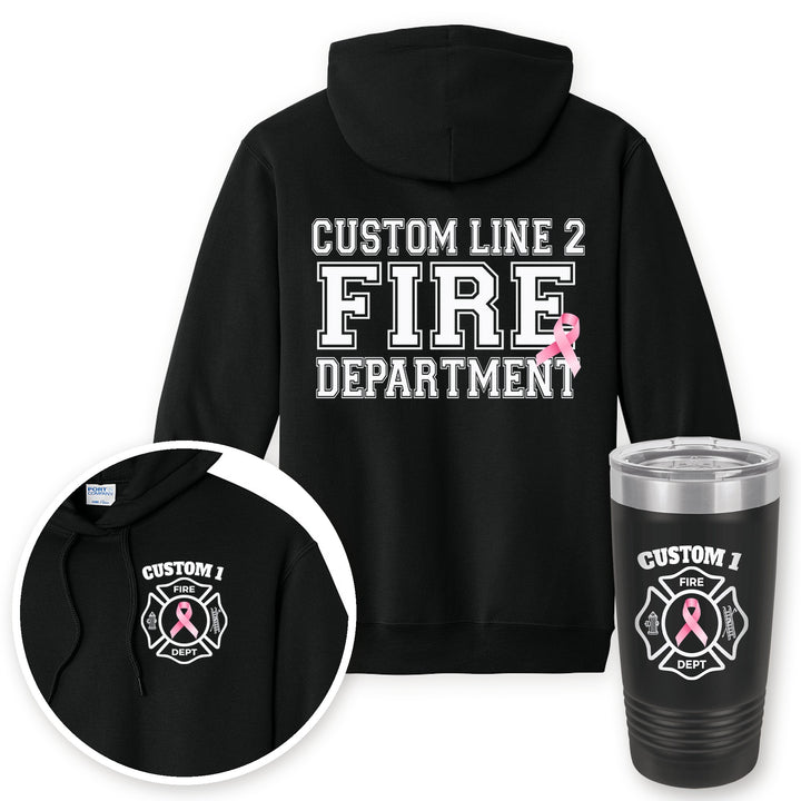 Personalized pink ribbon firefighter hoodie in Jet Black with matching printed 20oz tumbler gift set