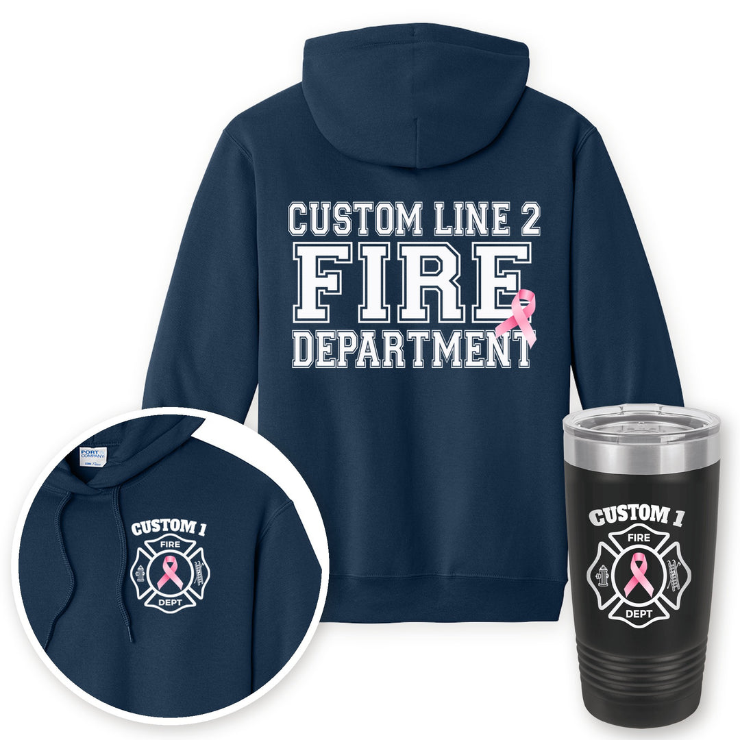 Personalized pink ribbon firefighter hoodie in Navy with matching printed 20oz tumbler gift set