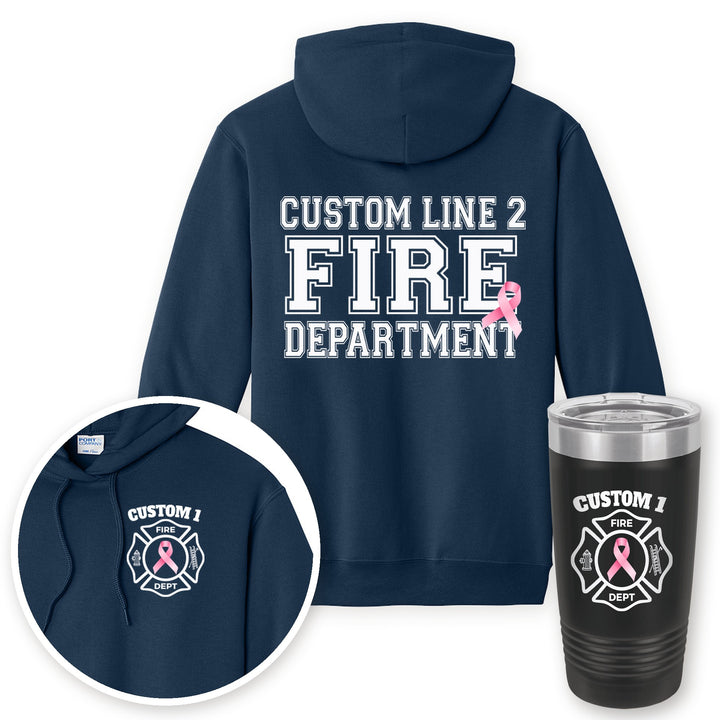 Personalized pink ribbon firefighter hoodie in Navy with matching printed 20oz tumbler gift set
