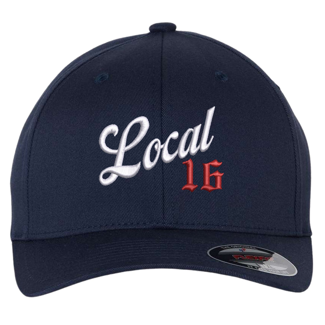 Navy Flexfit 6277 fitted cap with Local union number embroidered in white script and red Old English on the front