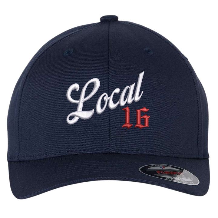 Navy Flexfit 6277 fitted cap with Local union number embroidered in white script and red Old English on the front
