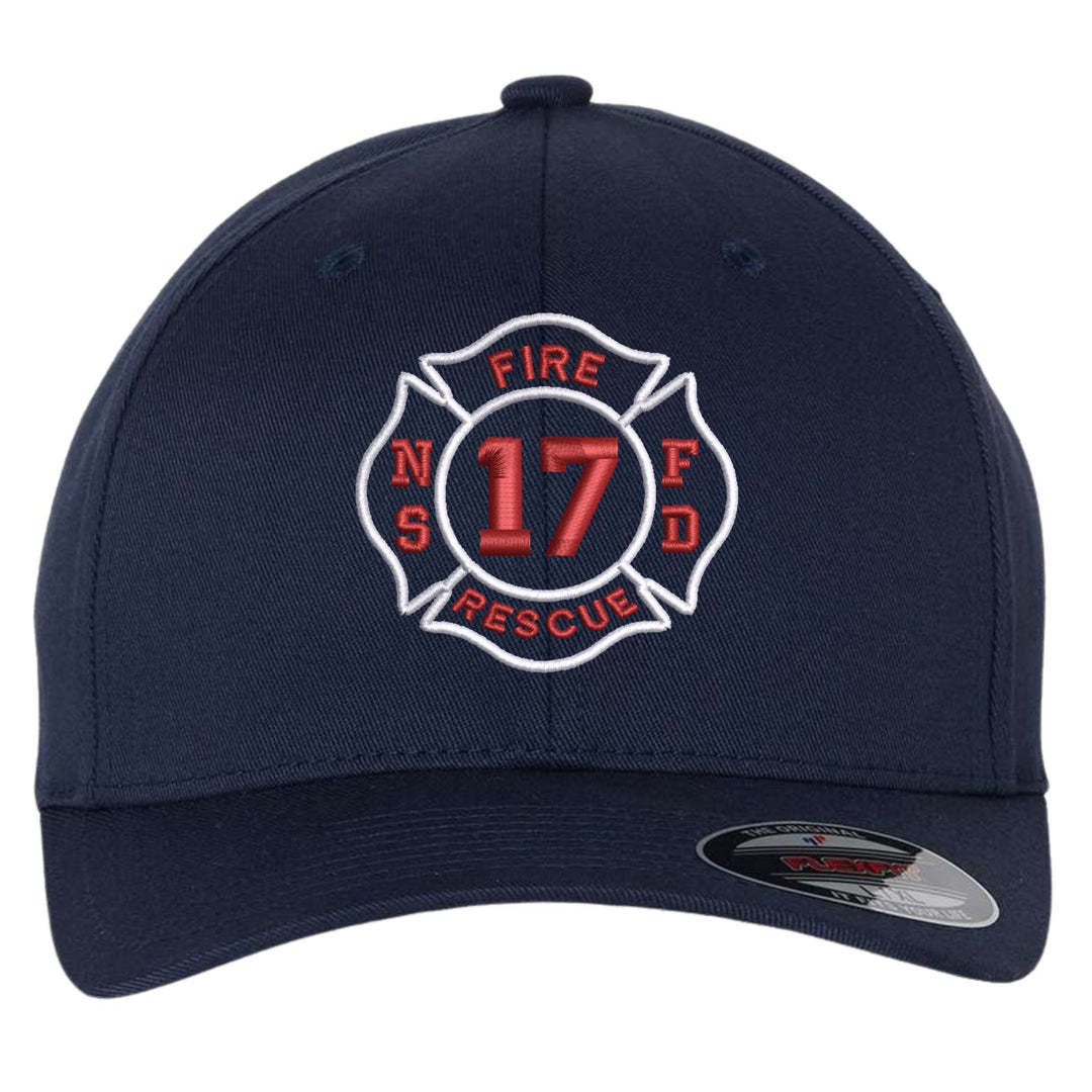 Navy Flexfit 6277 fitted cap with a fire department Maltese cross badge embroidered on the front, department initials and company number in red and white