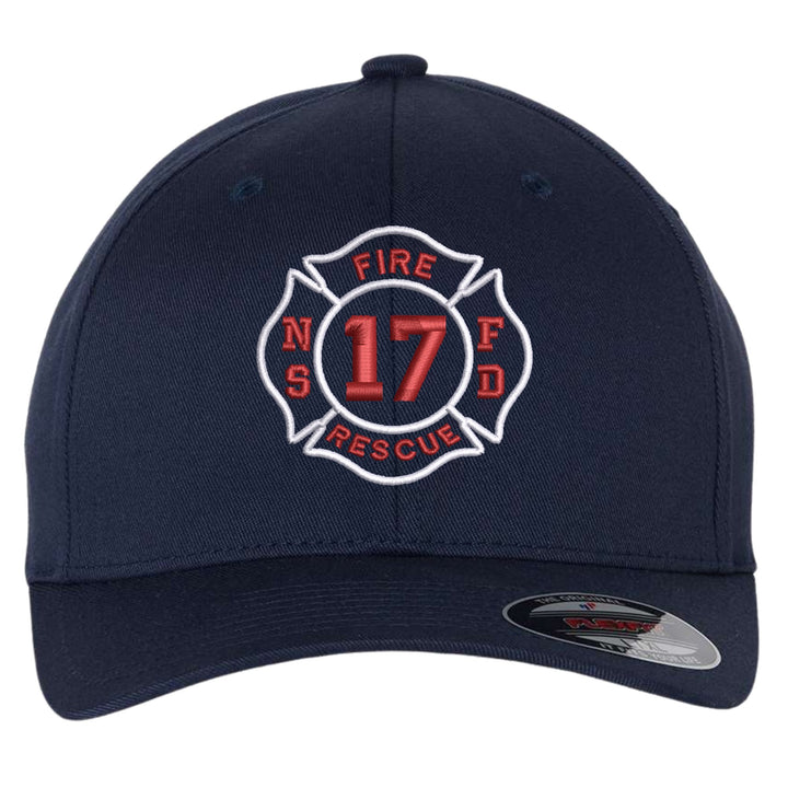 Navy Flexfit 6277 fitted cap with a fire department Maltese cross badge embroidered on the front, department initials and company number in red and white