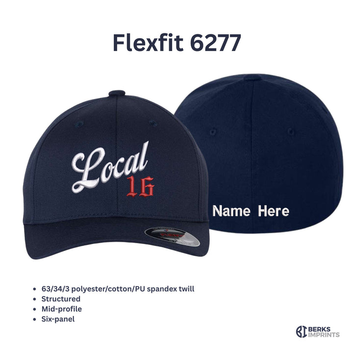 Flexfit 6277 fitted cap details — 63/34/3 poly-cotton-spandex twill, structured mid-profile six-panel, with back name option