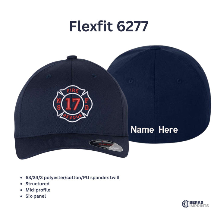 Flexfit 6277 fitted cap details — 63/34/3 poly-cotton-spandex twill, structured mid-profile six-panel, with back name option