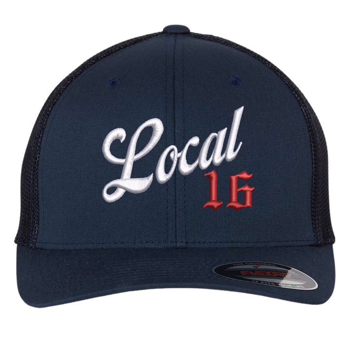 Navy Flexfit 6511 trucker cap with Local union number embroidered in white script and red Old English on the front