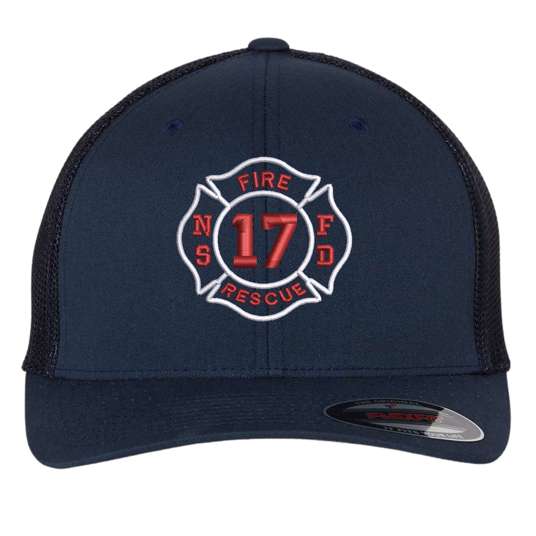 Navy Flexfit 6511 trucker cap with a fire department Maltese cross badge embroidered on the front, department initials and company number in red and white