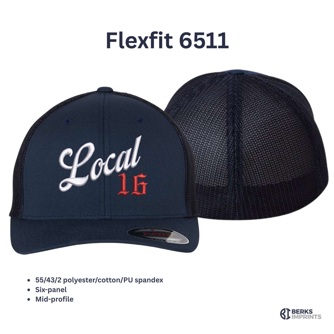 Flexfit 6511 trucker cap details — 55/43/2 poly-cotton-spandex front, mesh back, structured mid-profile six-panel