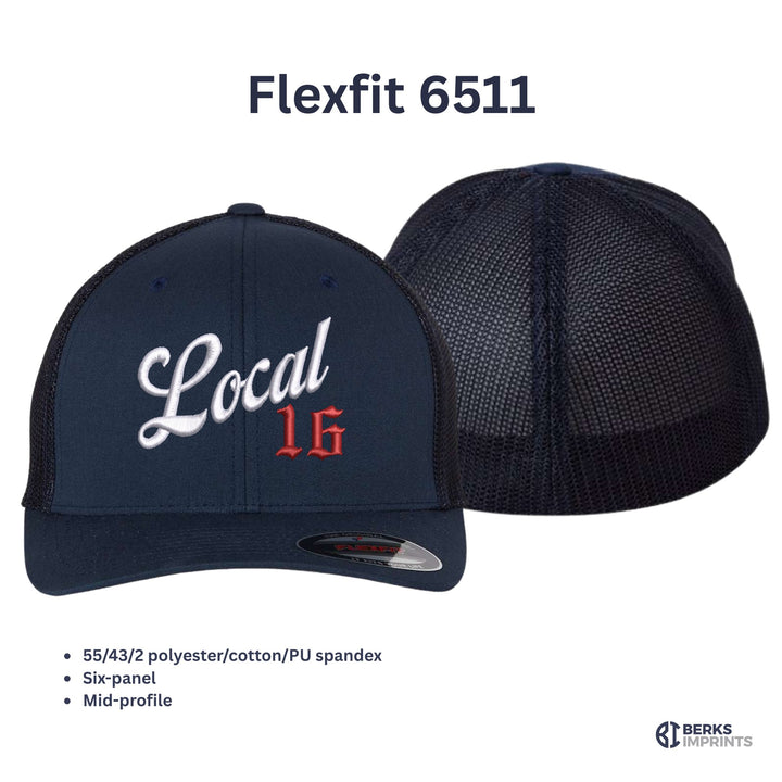 Flexfit 6511 trucker cap details — 55/43/2 poly-cotton-spandex front, mesh back, structured mid-profile six-panel