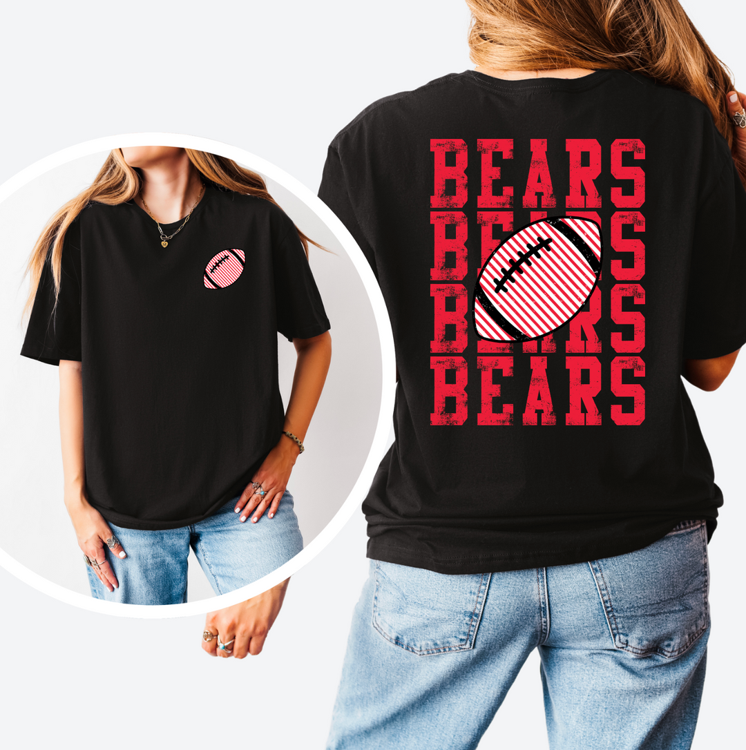 Black football t-shirt shown front and back: small red and white striped football on the left chest, and BEARS stacked four times in red across the back with a striped football through the center
