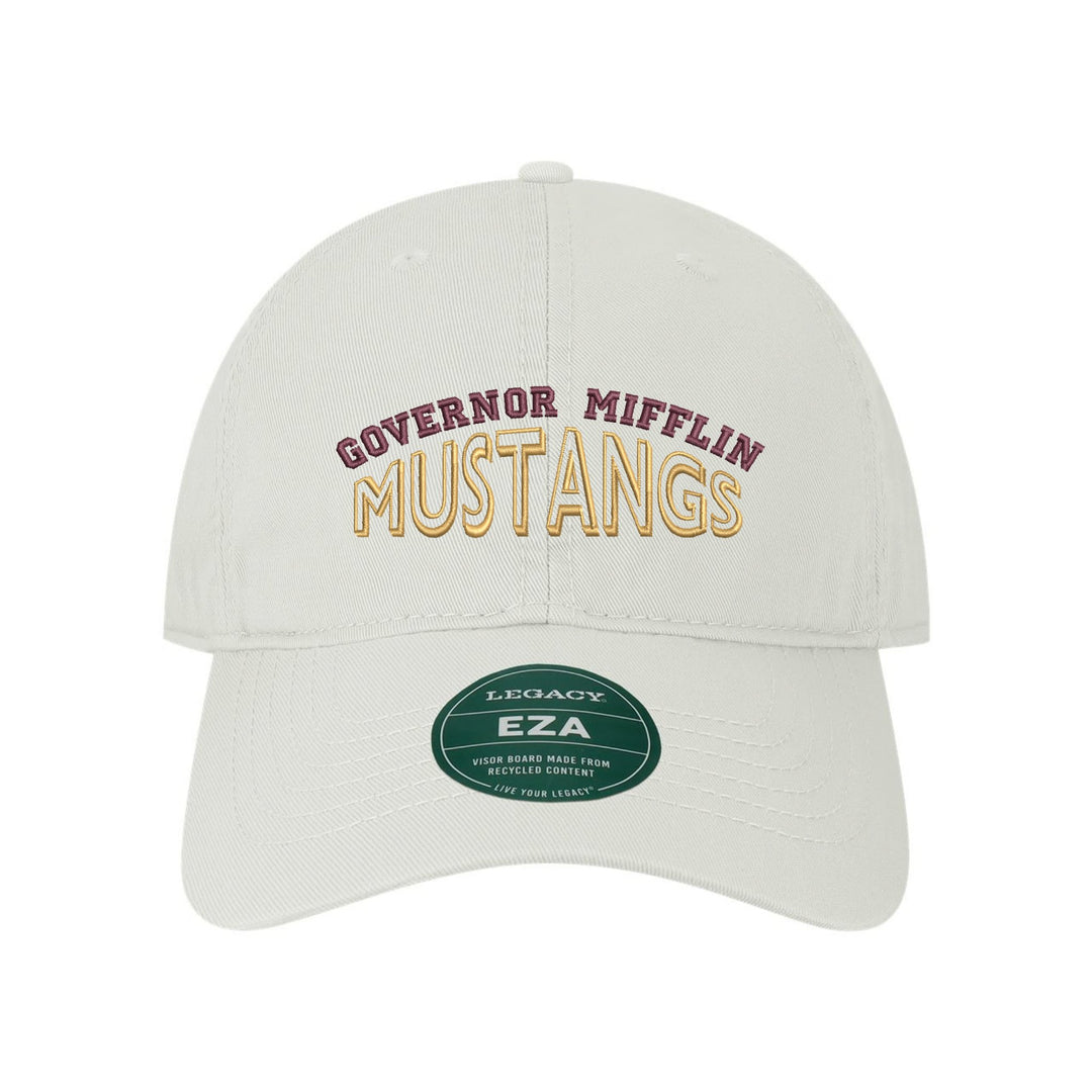 Governor Mifflin Mustangs Classic Arch embroidered dad cap, maroon and gold stitching on a white cap