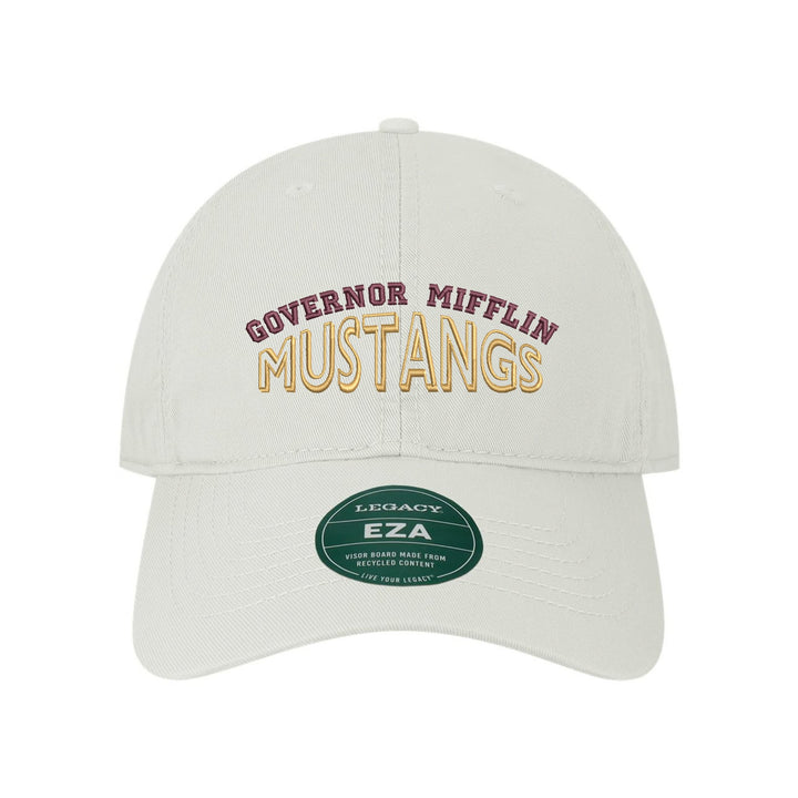 Governor Mifflin Mustangs Classic Arch embroidered dad cap, maroon and gold stitching on a white cap