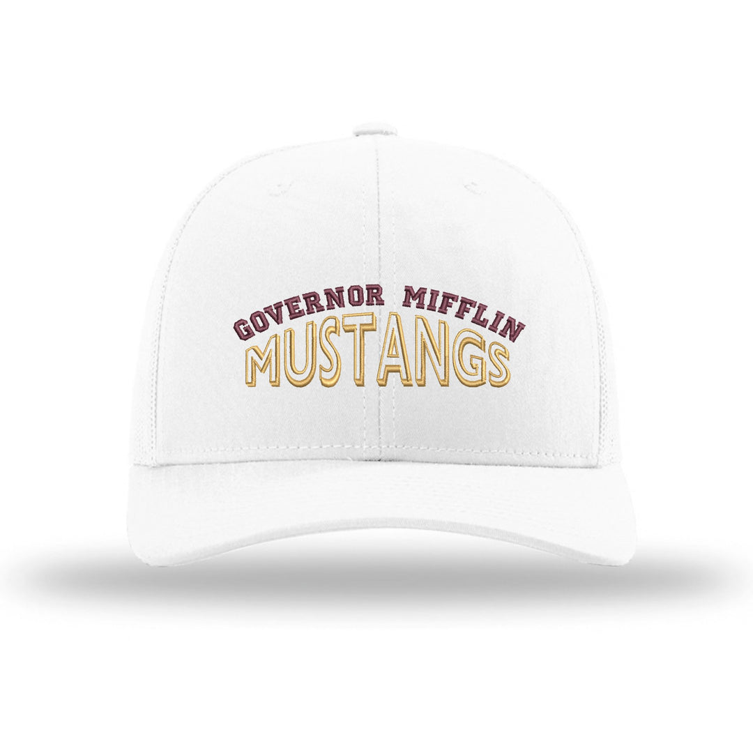 Governor Mifflin Mustangs Classic Arch embroidered trucker hat, maroon and gold stitching on a white hat