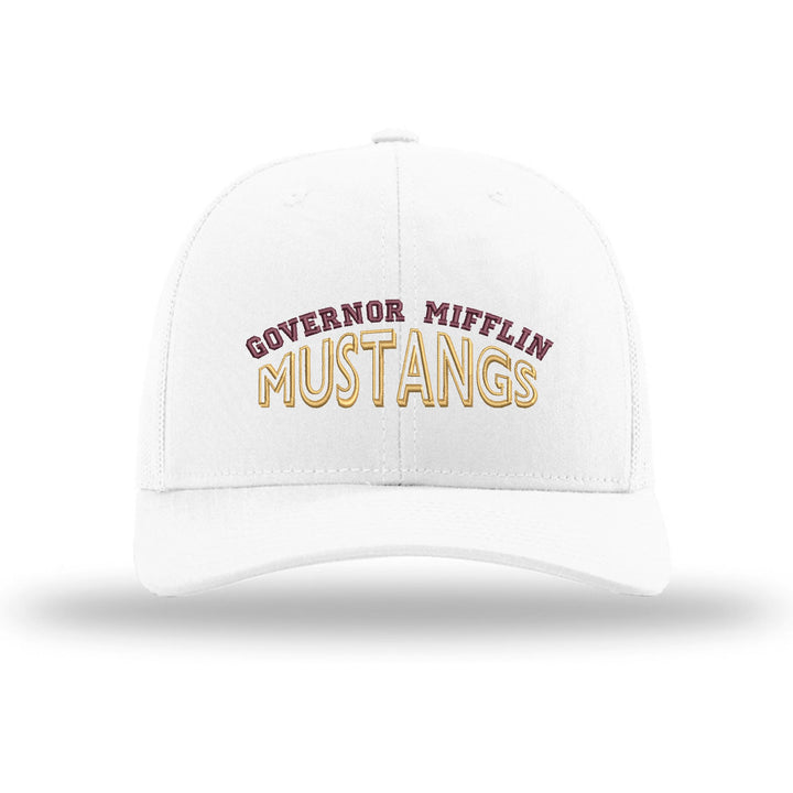 Governor Mifflin Mustangs Classic Arch embroidered trucker hat, maroon and gold stitching on a white hat