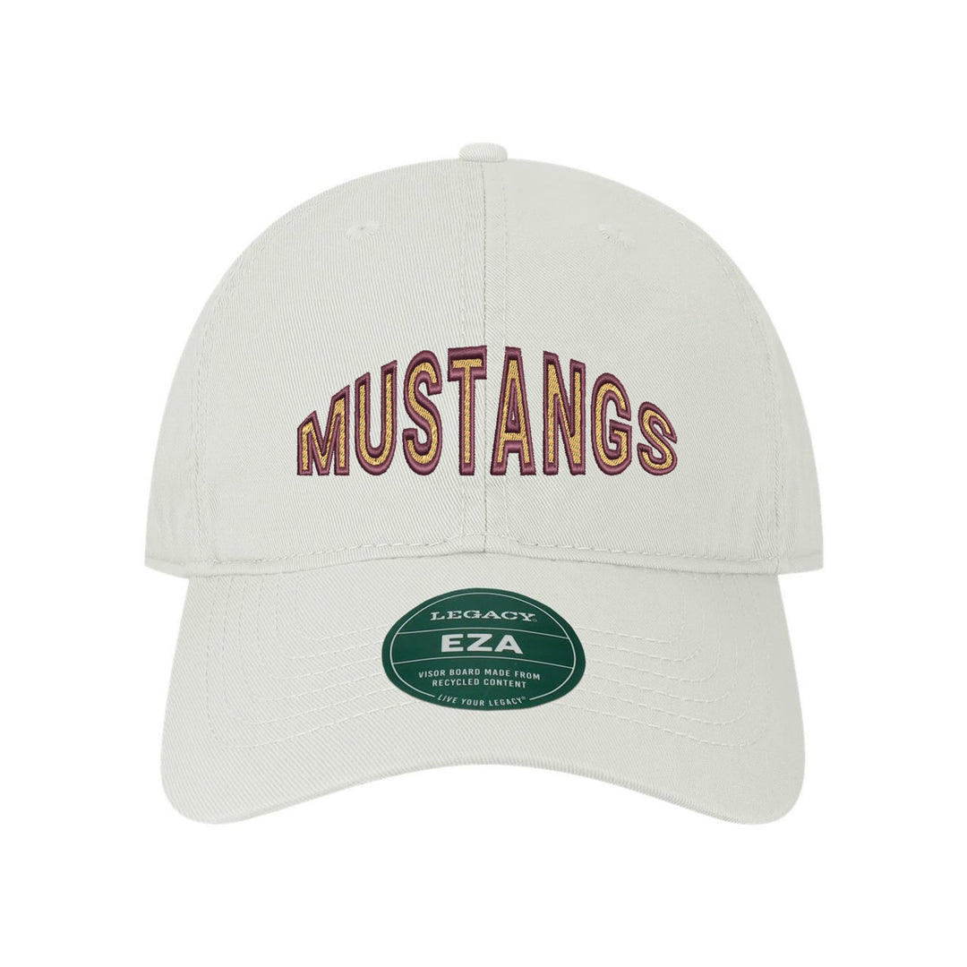Governor Mifflin Mustangs Mascot Arch embroidered dad cap, maroon and gold stitching on a white cap