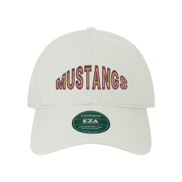 Governor Mifflin Mustangs Mascot Arch embroidered dad cap, maroon and gold stitching on a white cap