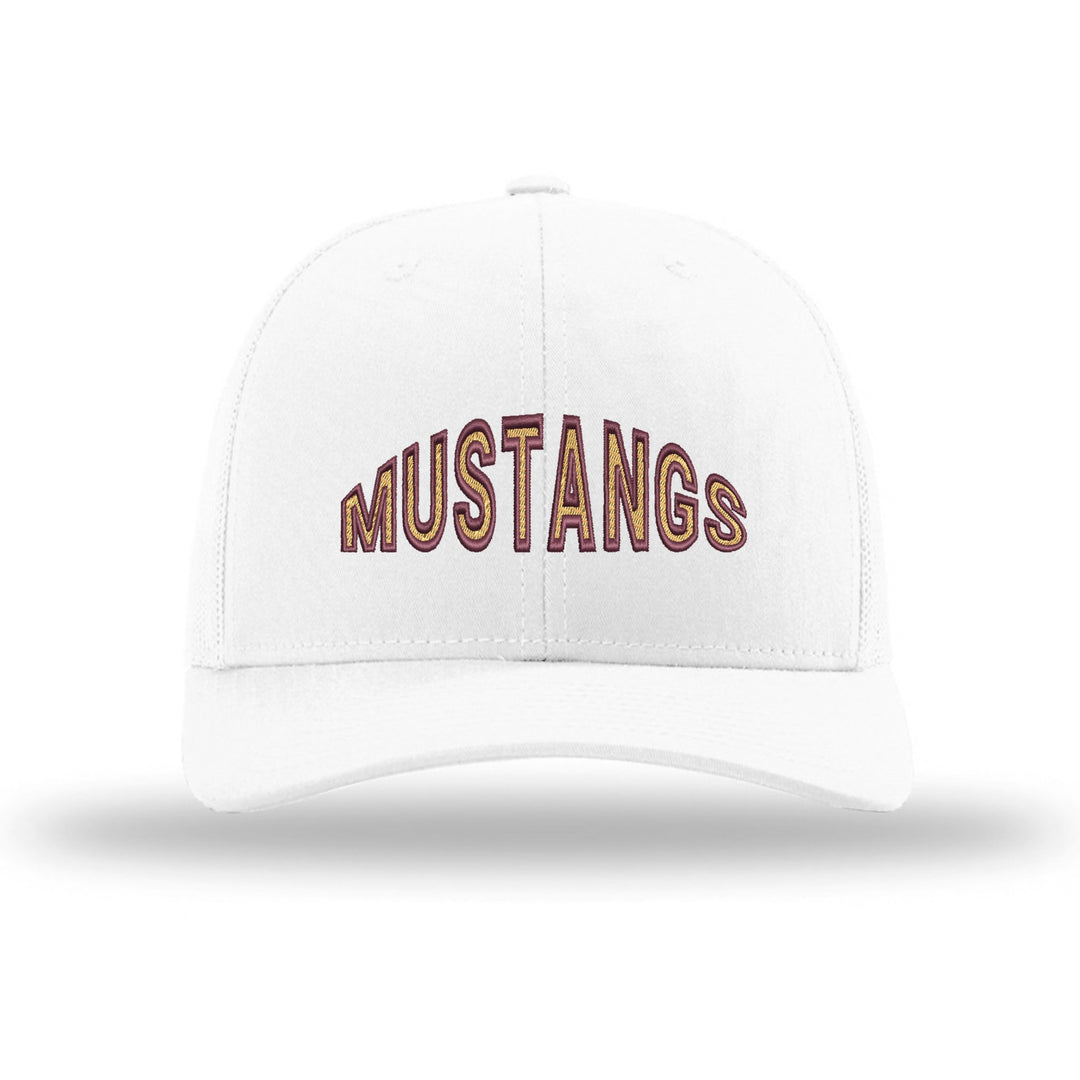 Governor Mifflin Mustangs Mascot Arch embroidered trucker hat, maroon and gold stitching on a white hat