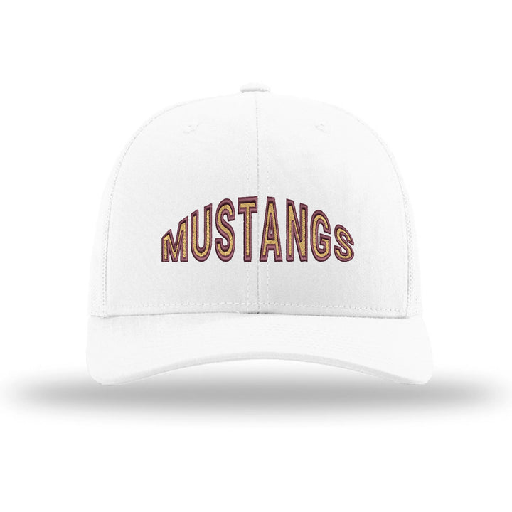 Governor Mifflin Mustangs Mascot Arch embroidered trucker hat, maroon and gold stitching on a white hat
