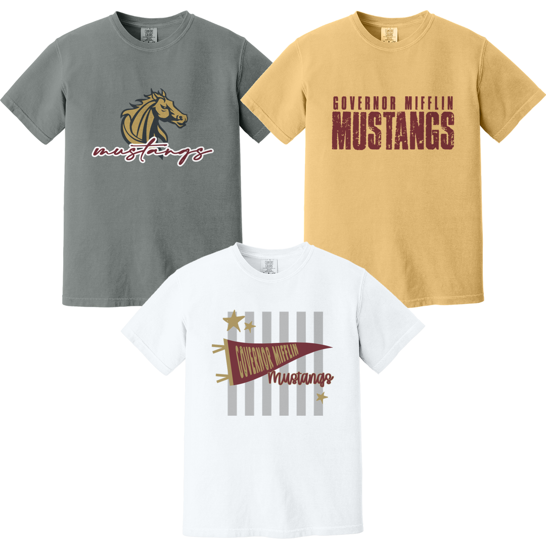 Governor Mifflin Mustangs Comfort Colors tees in grey, white and gold showing three of the fifteen designs