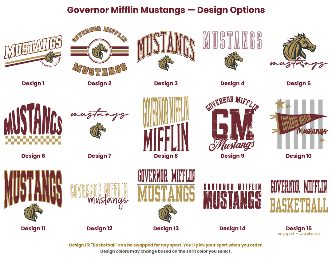 Governor Mifflin Mustangs design chart, all fifteen designs as printed on light shirts