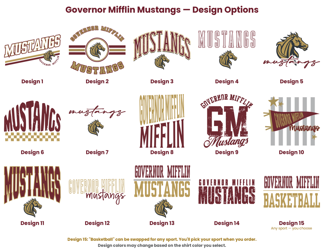 Governor Mifflin Mustangs design chart, all fifteen designs as printed on light shirts