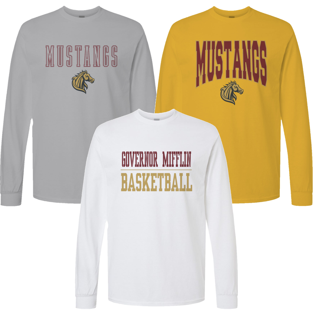 Governor Mifflin Mustangs long sleeve tees in grey, white and gold showing three of the fifteen designs
