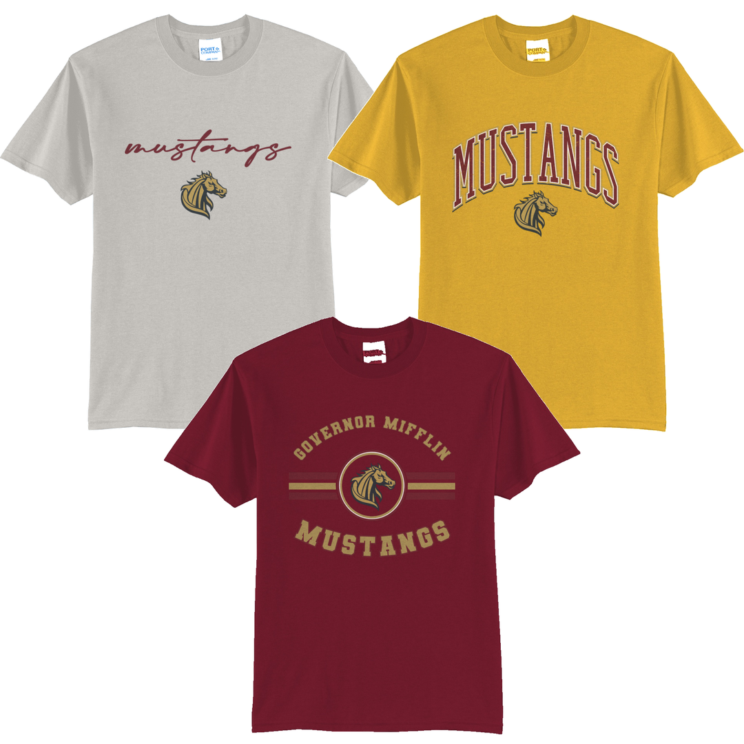 Governor Mifflin Mustangs tees in silver, burgundy and gold showing three of the fifteen designs