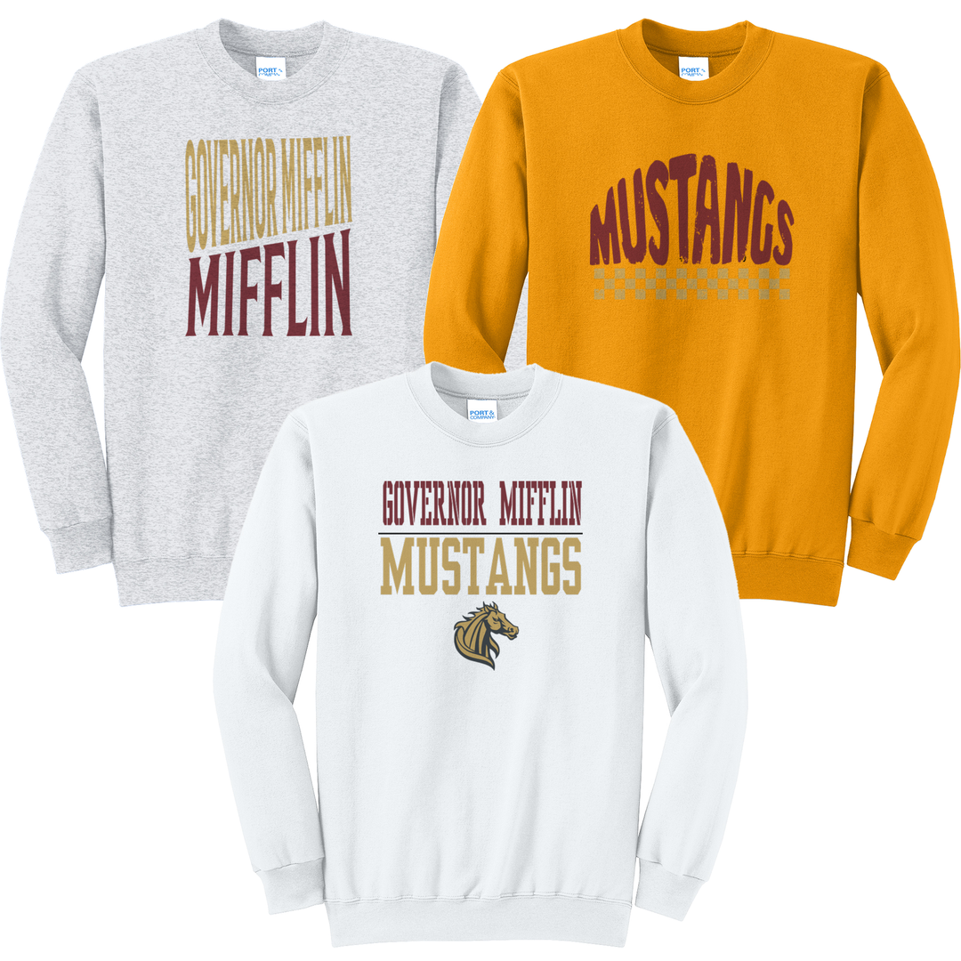 Governor Mifflin Mustangs crewneck sweatshirts in ash, white and gold showing three of the fifteen designs