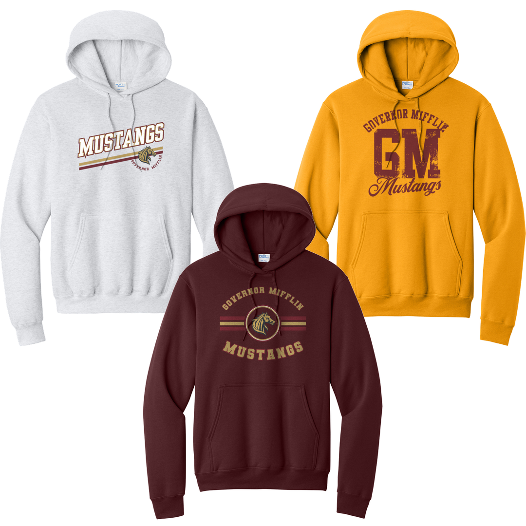 Governor Mifflin Mustangs hoodies in ash, burgundy and gold showing three of the fifteen designs