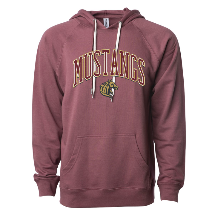 Burgundy Governor Mifflin Mustangs hoodie with a distressed MUSTANGS varsity arch over the gold Mustang head