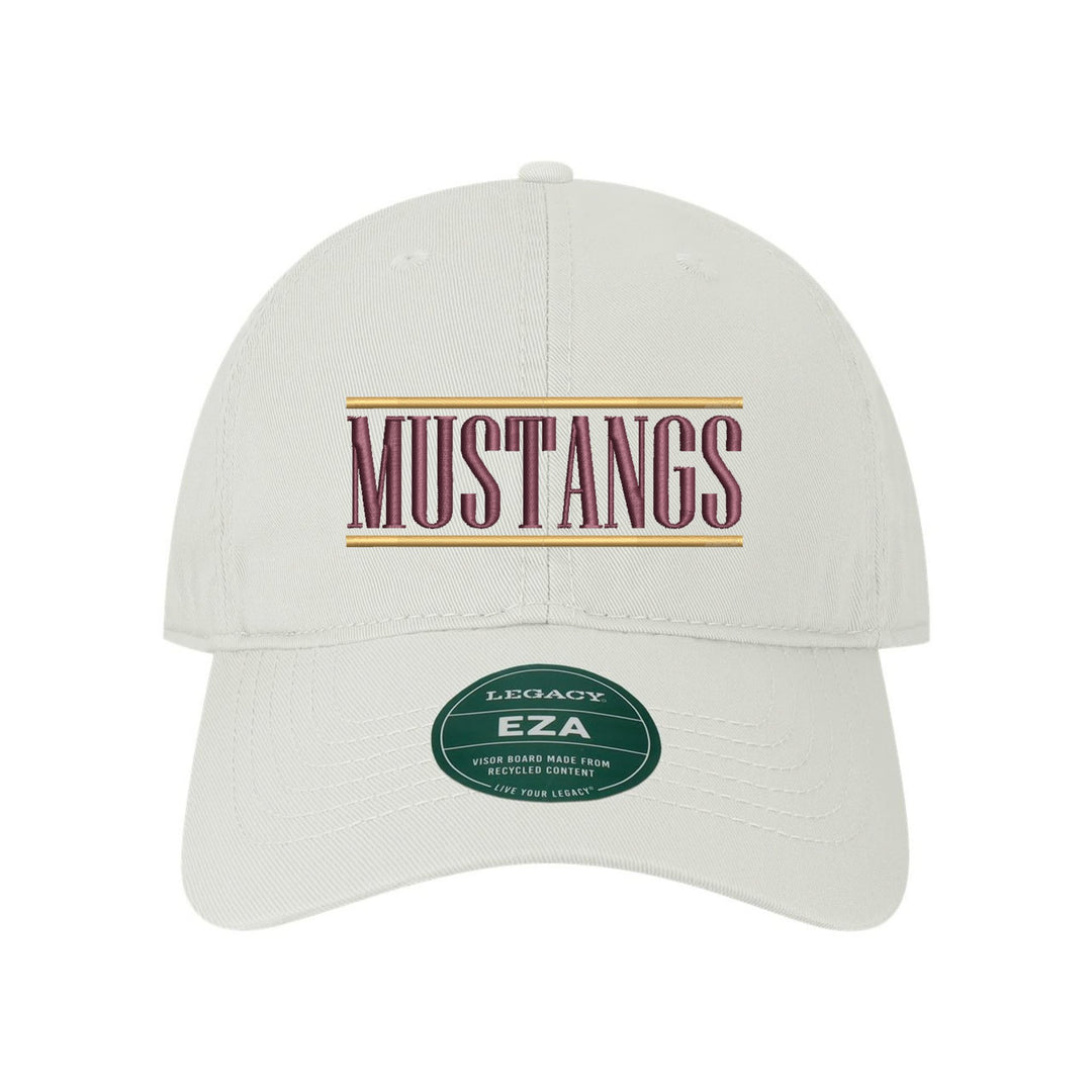 Governor Mifflin Mustangs Varsity Bars embroidered dad cap, maroon and gold stitching on a white cap