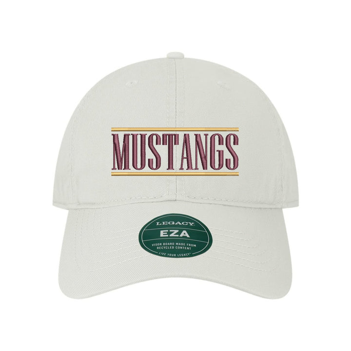 Governor Mifflin Mustangs Varsity Bars embroidered dad cap, maroon and gold stitching on a white cap