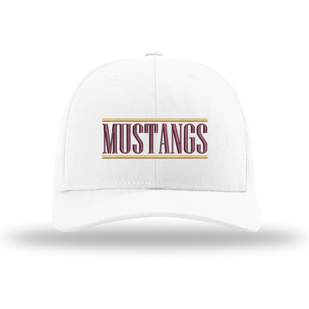 Governor Mifflin Mustangs Varsity Bars embroidered trucker hat, maroon and gold stitching on a white hat