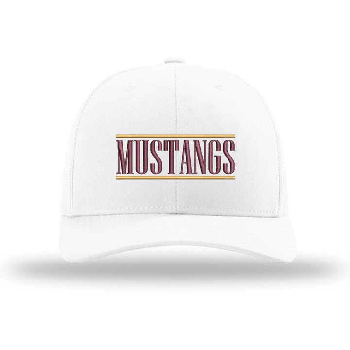 Governor Mifflin Mustangs Varsity Bars embroidered trucker hat, maroon and gold stitching on a white hat