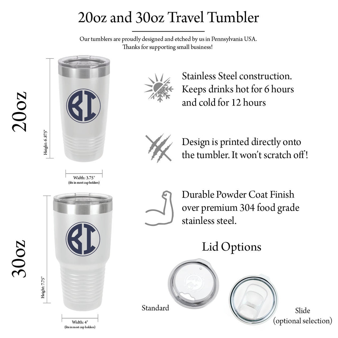 20oz and 30oz travel tumbler size chart with standard and slider lid options and stainless steel details