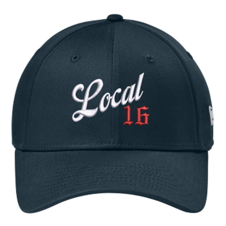 Deep navy New Era NE1000 stretch-fit cap with Local union number embroidered in white script and red Old English on the front