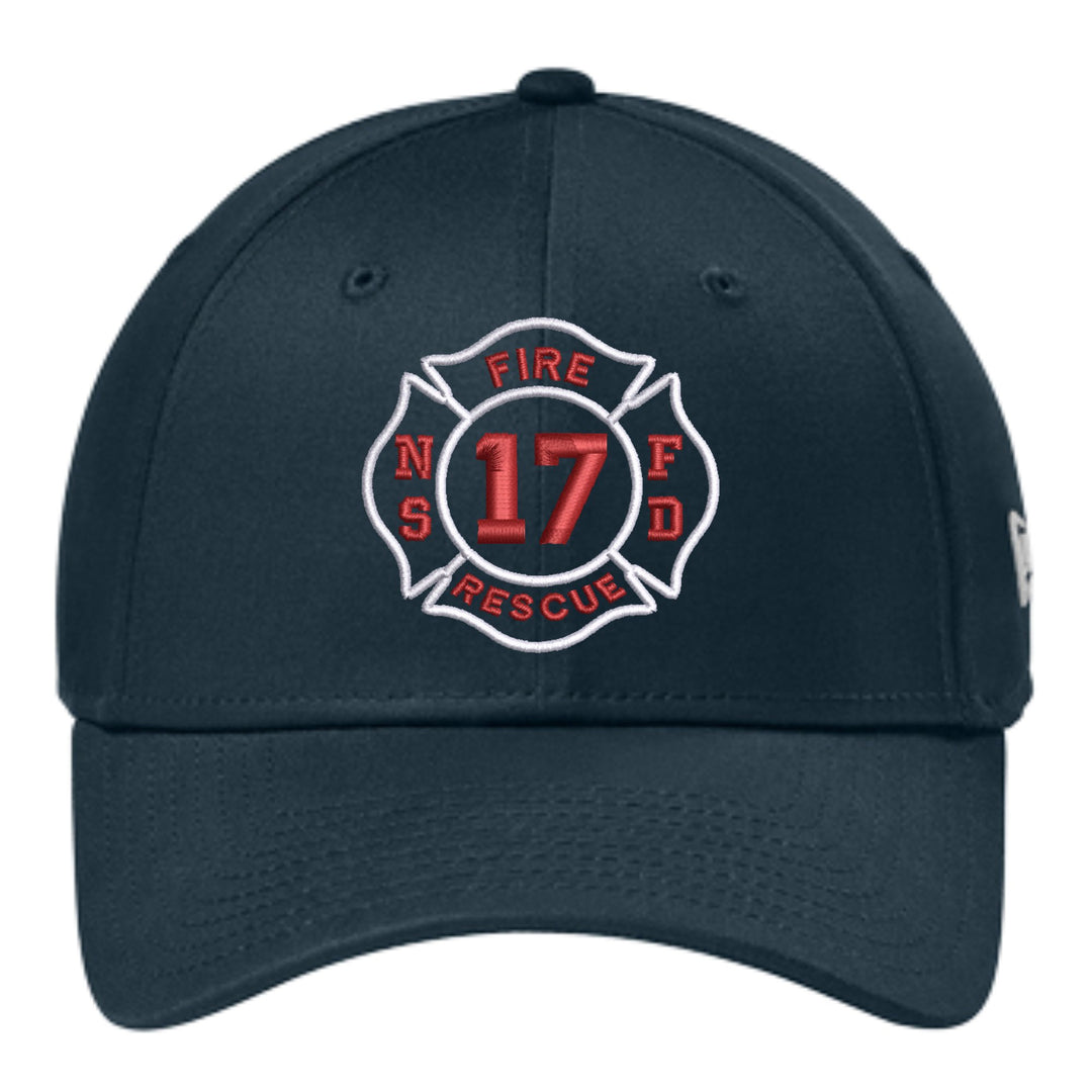 Deep navy New Era NE1000 stretch-fit cap with a fire department Maltese cross badge embroidered on the front, department initials and company number in red and white