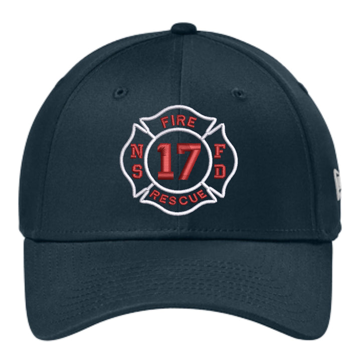 Deep navy New Era NE1000 stretch-fit cap with a fire department Maltese cross badge embroidered on the front, department initials and company number in red and white