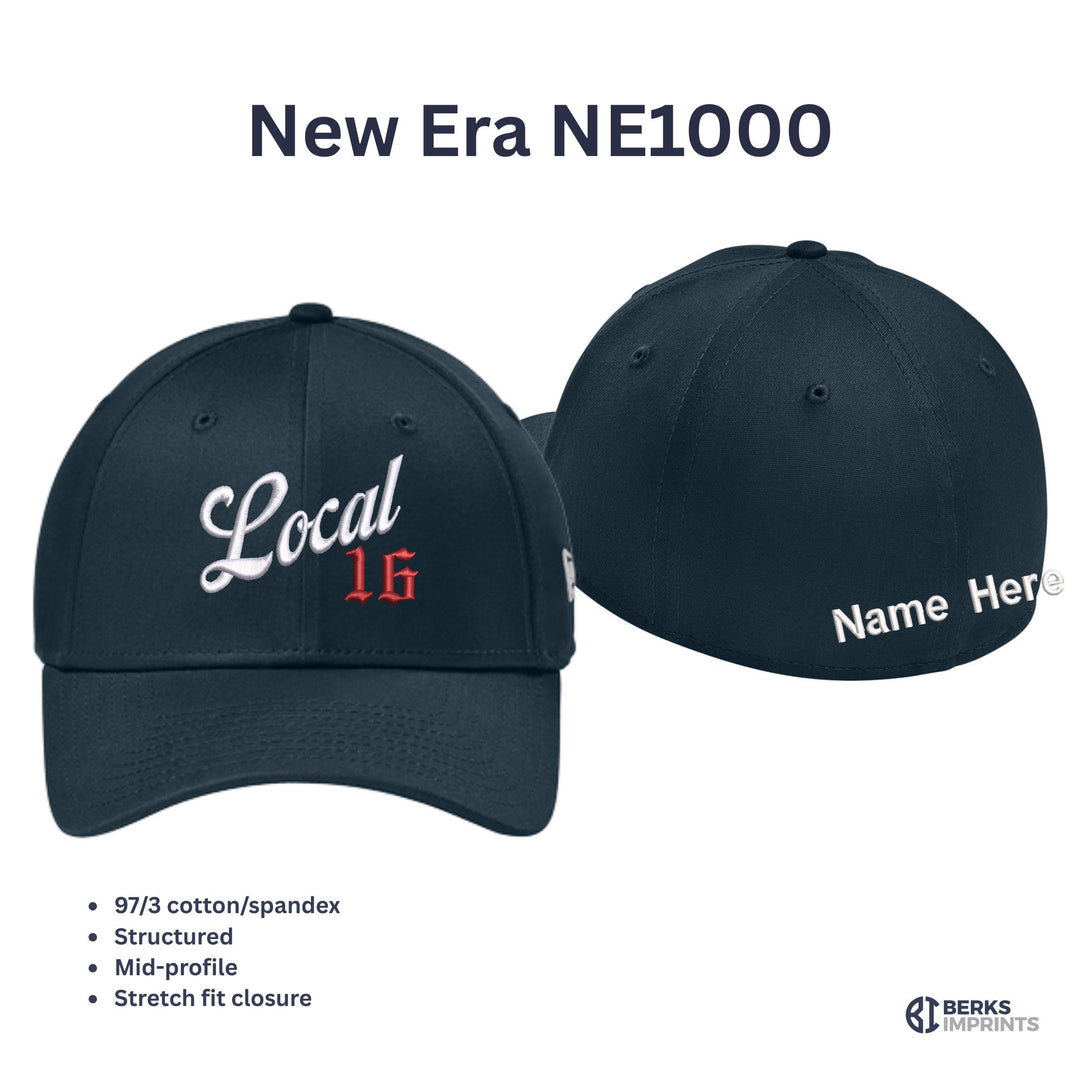 New Era NE1000 cap details — 97/3 cotton-spandex, structured mid-profile, stretch-fit closure, with back name option
